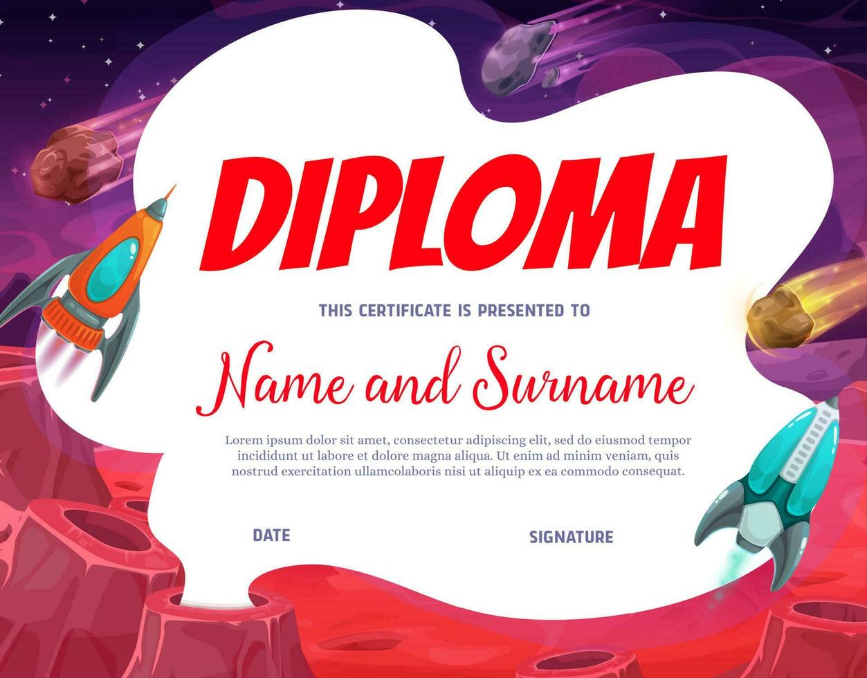 Kids diploma with planet area, vector certificate