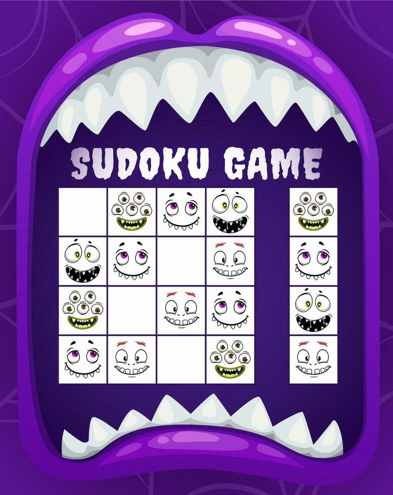 niños sudoku juego, rompecabezas de Víspera de Todos los Santos monstruos vector