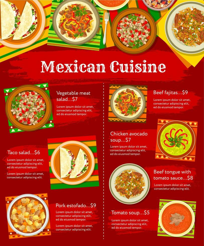 mexicano cocina comida menú, restaurante almuerzo póster vector