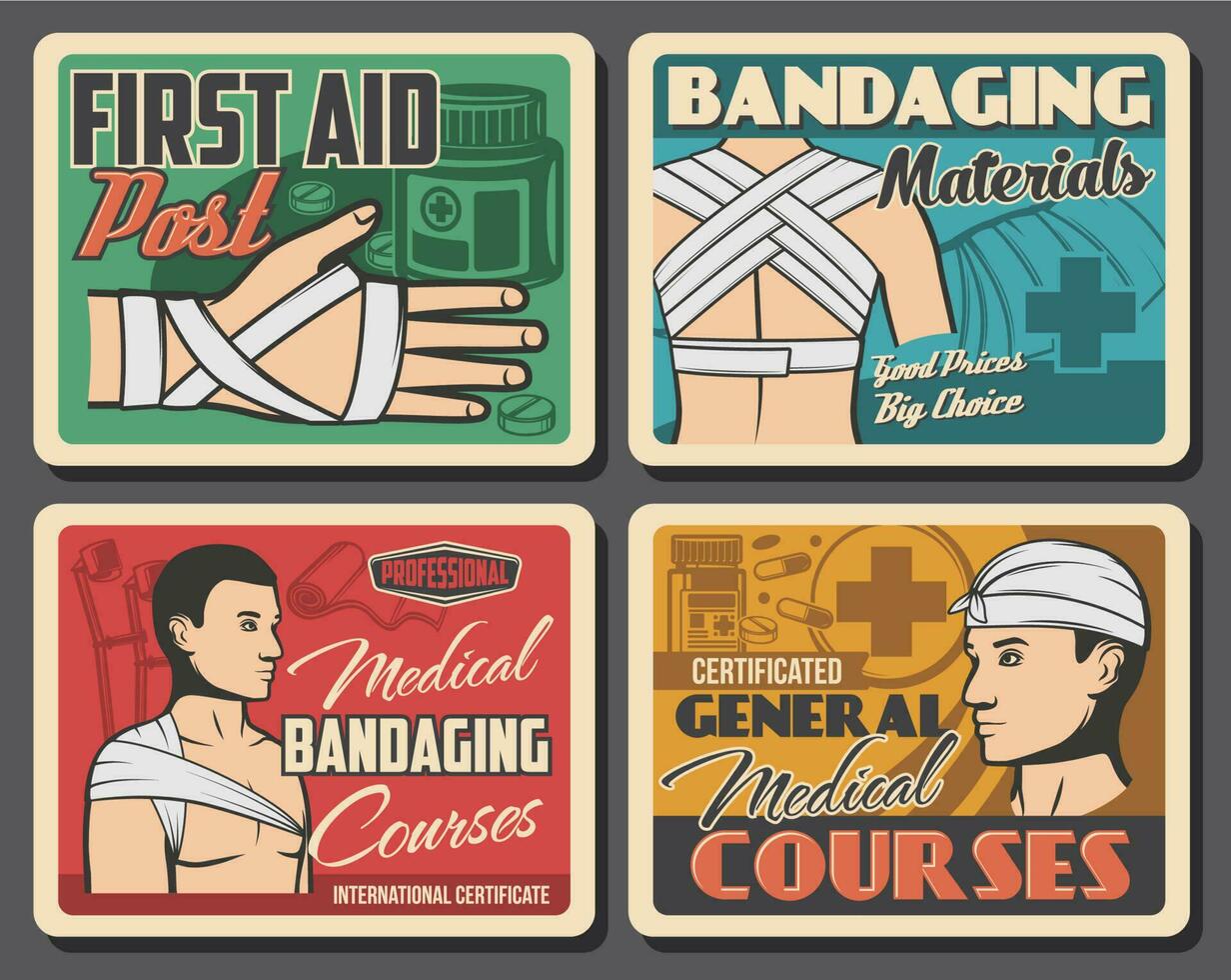 Retro posters, medical first aid and bandaging vector