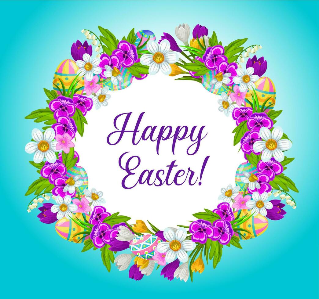 contento Pascua de Resurrección, huevos y flores guirnalda marco vector