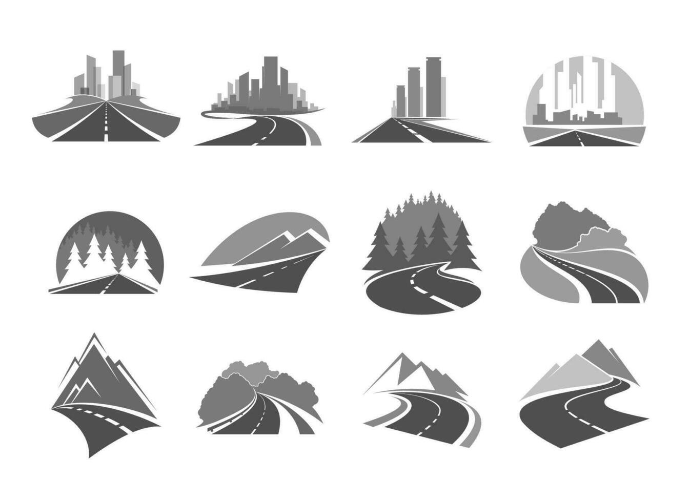Road highway icons. City, forest and mountains vector