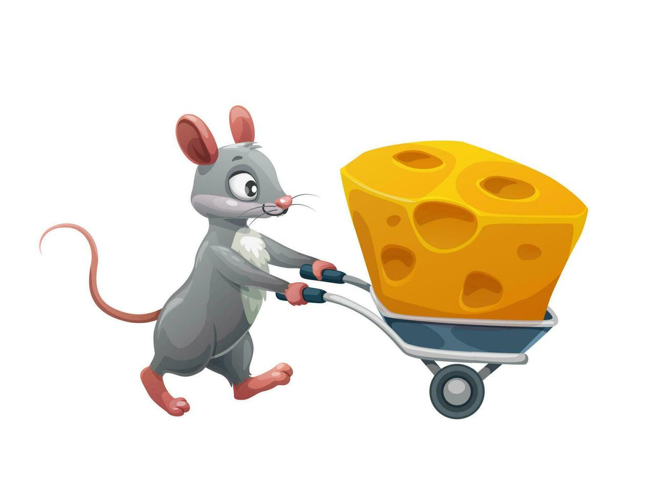 Cartoon mouse and cheese in wheelbarrow, character vector