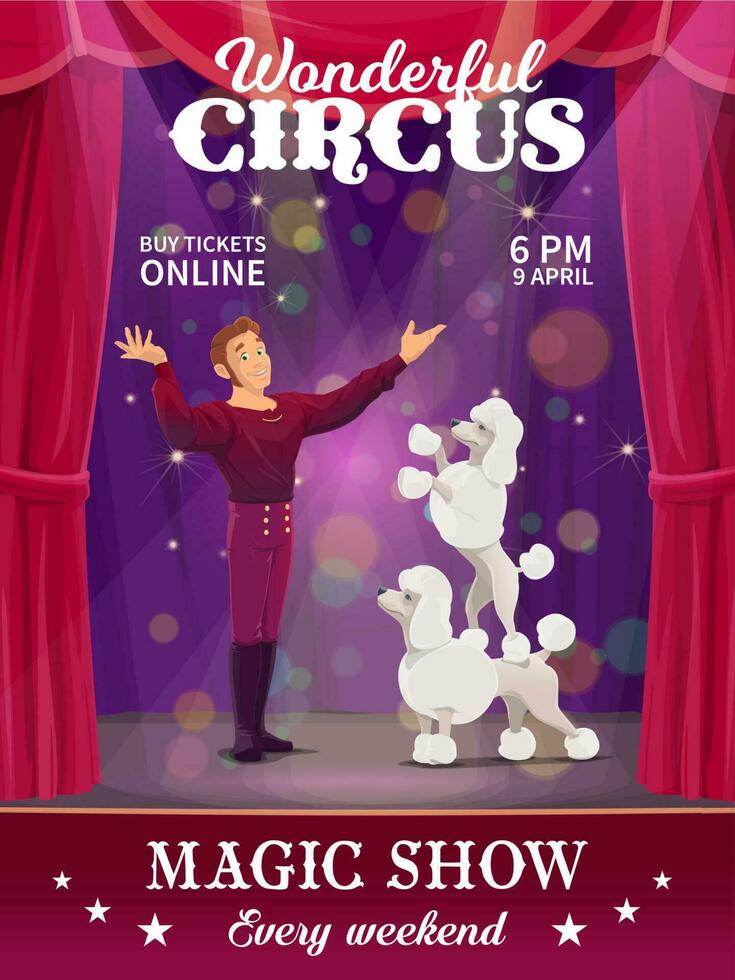 Shapito circus poster cartoon dog trainer on stage vector