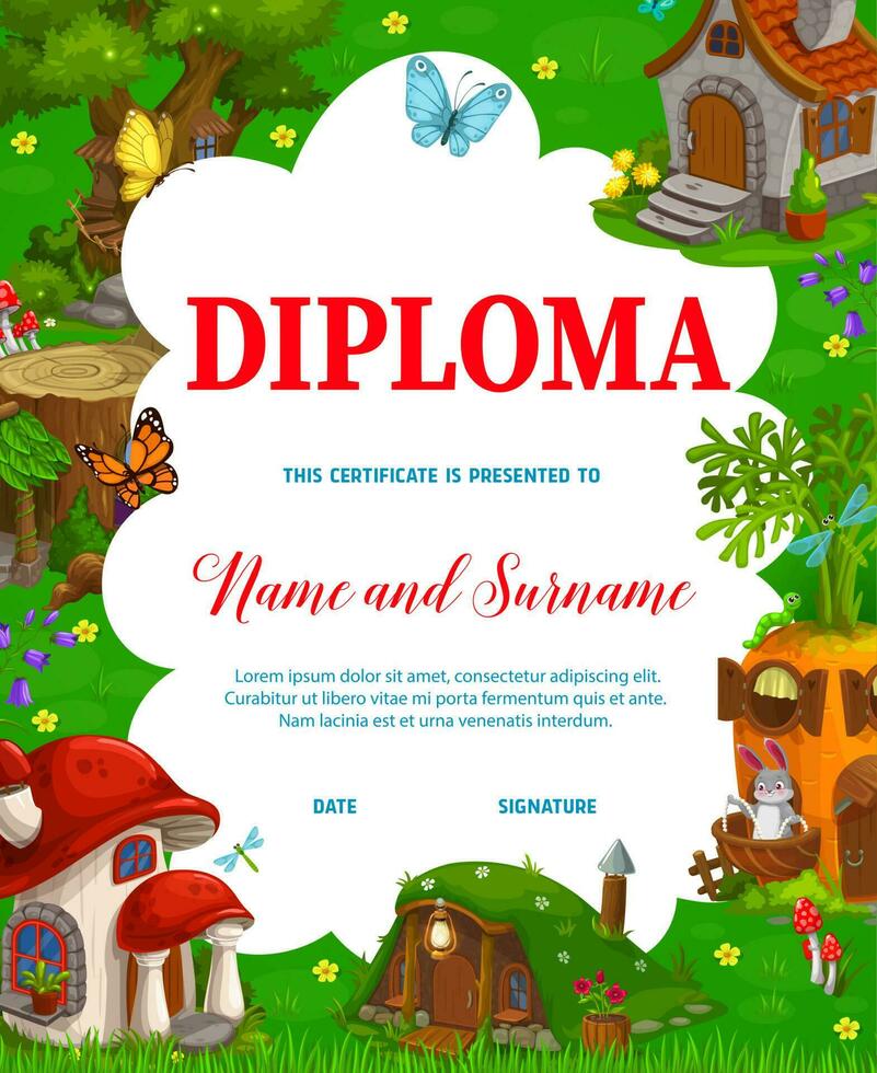 Kids diploma cartoon fairytale fantasy homes. vector