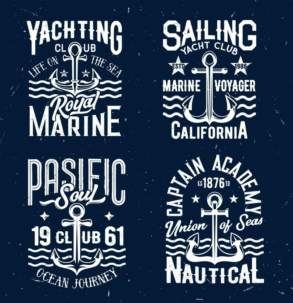 Tshirt prints with vector anchors and sea waves