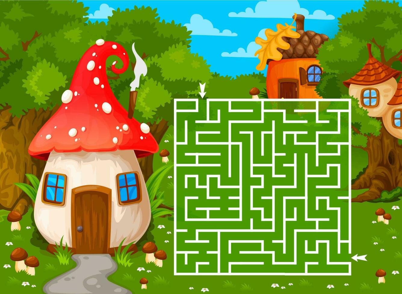Labyrinth maze with magic forest house buildings vector