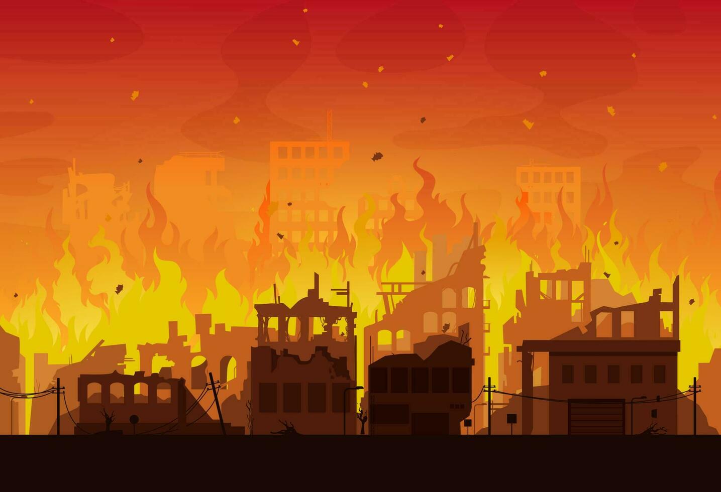 Burning city ruins in fire, destroyed town houses vector