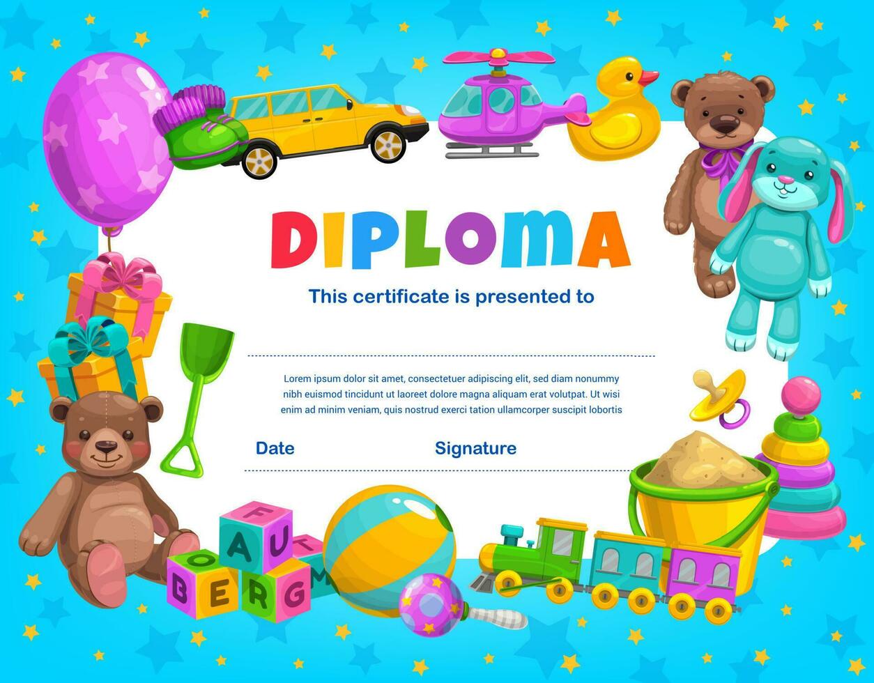 Kids diploma, kindergarten certificate template vector