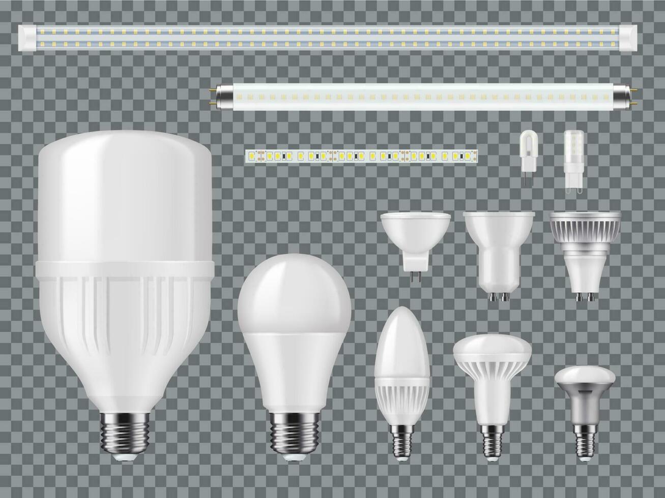 LED bulbs, strips and linear lamps vector mockup