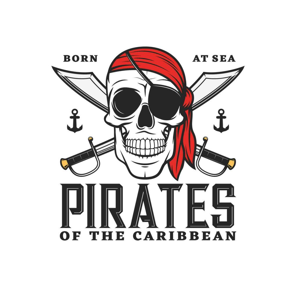 Caribbean pirates icon with skull, crossed sabers vector