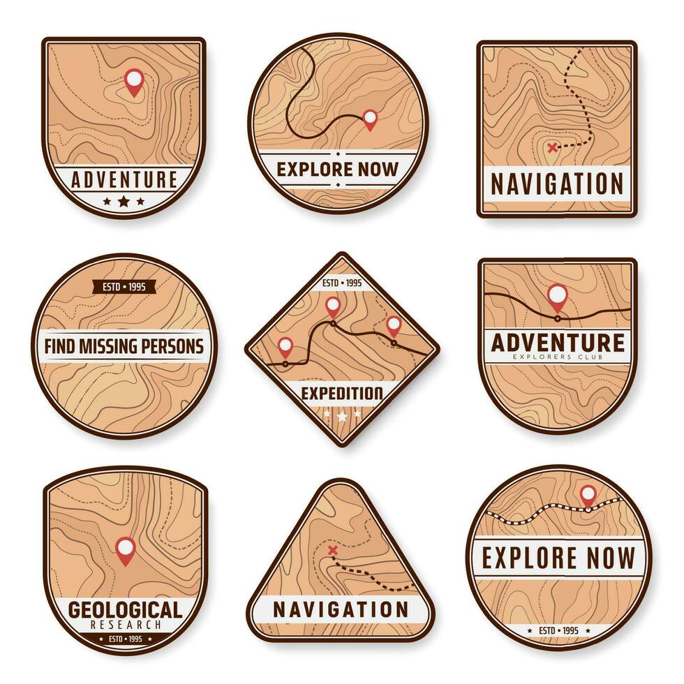 Topography navigation, geology, travel pin icons vector