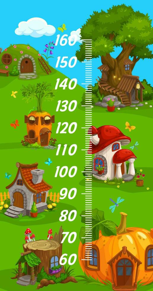 Kids height chart, gnome elf, wizard cartoon homes vector