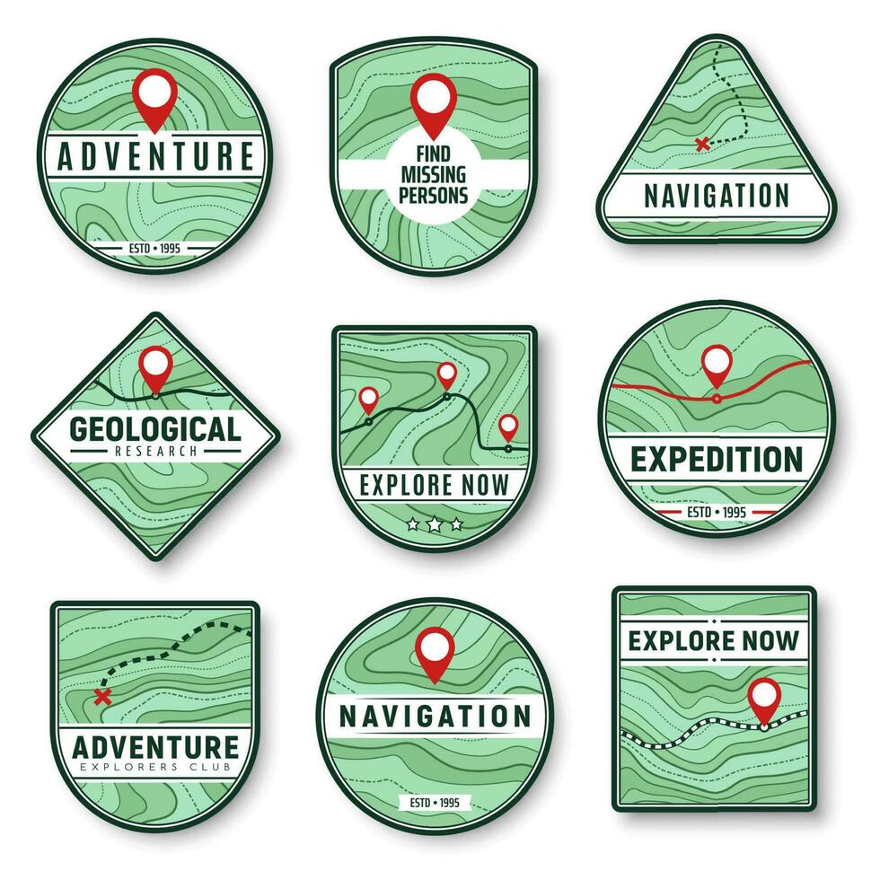 Topography, navigation icons with topographic map vector