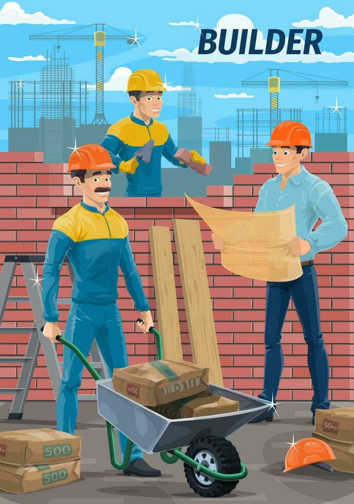 Engineer architect, builder mason at construction vector