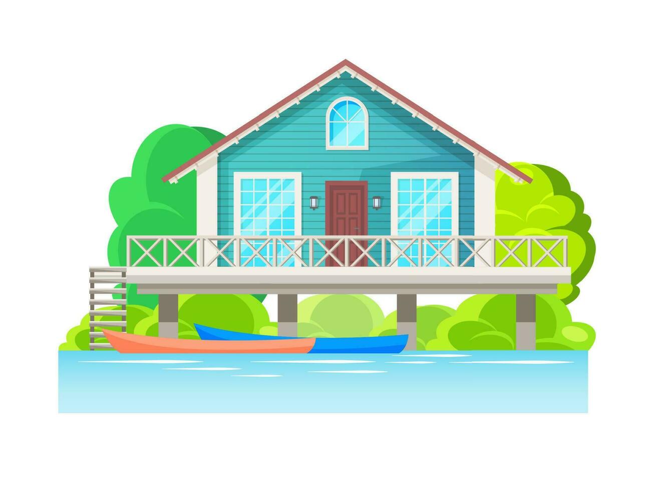Modern house with wood plank facade by water, home vector