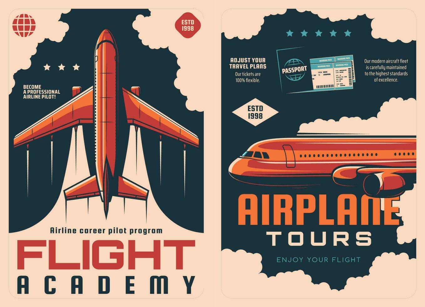 Flight academy and airplane travel vintage posters vector