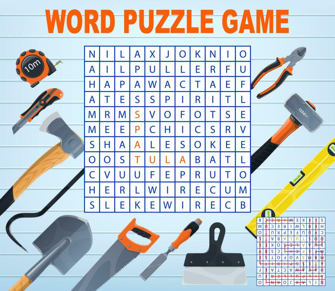 DIY and repair tools word search puzzle quiz game vector