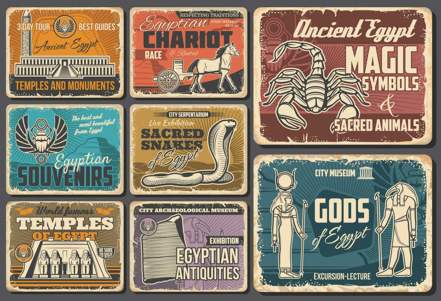 antiguo Egipto viaje retro vector carteles conjunto