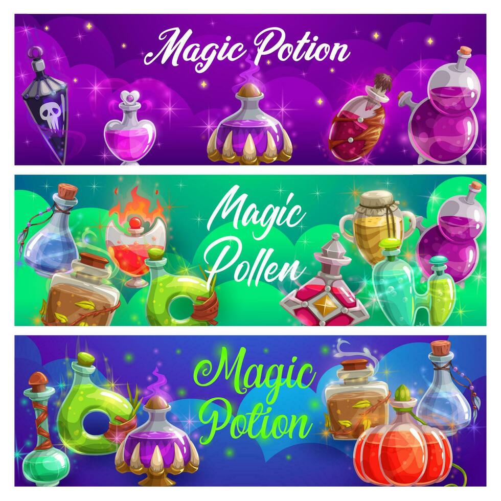 Magic potion bottles vector banners magical elixir