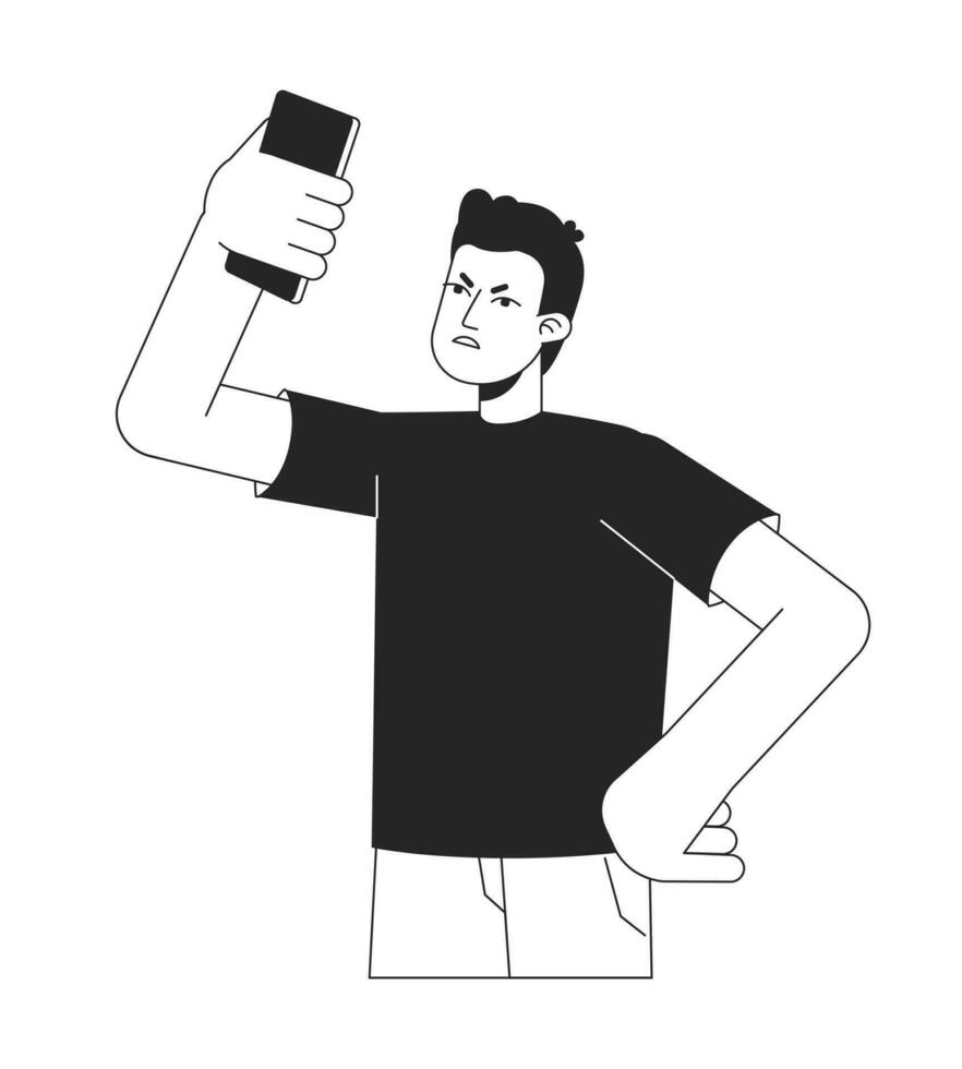 Annoyed man searching signal with phone bw vector spot illustration. 2D cartoon flat line monochromatic character on white for web UI design. Waiting for call editable isolated outline hero image