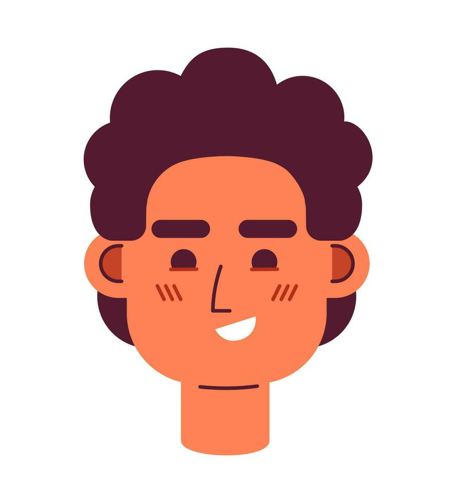 Curly haired guy smirking semi flat vector character head. Pleased caucasian young man. Editable cartoon avatar icon. Face emotion. Colorful spot illustration for web graphic design, animation