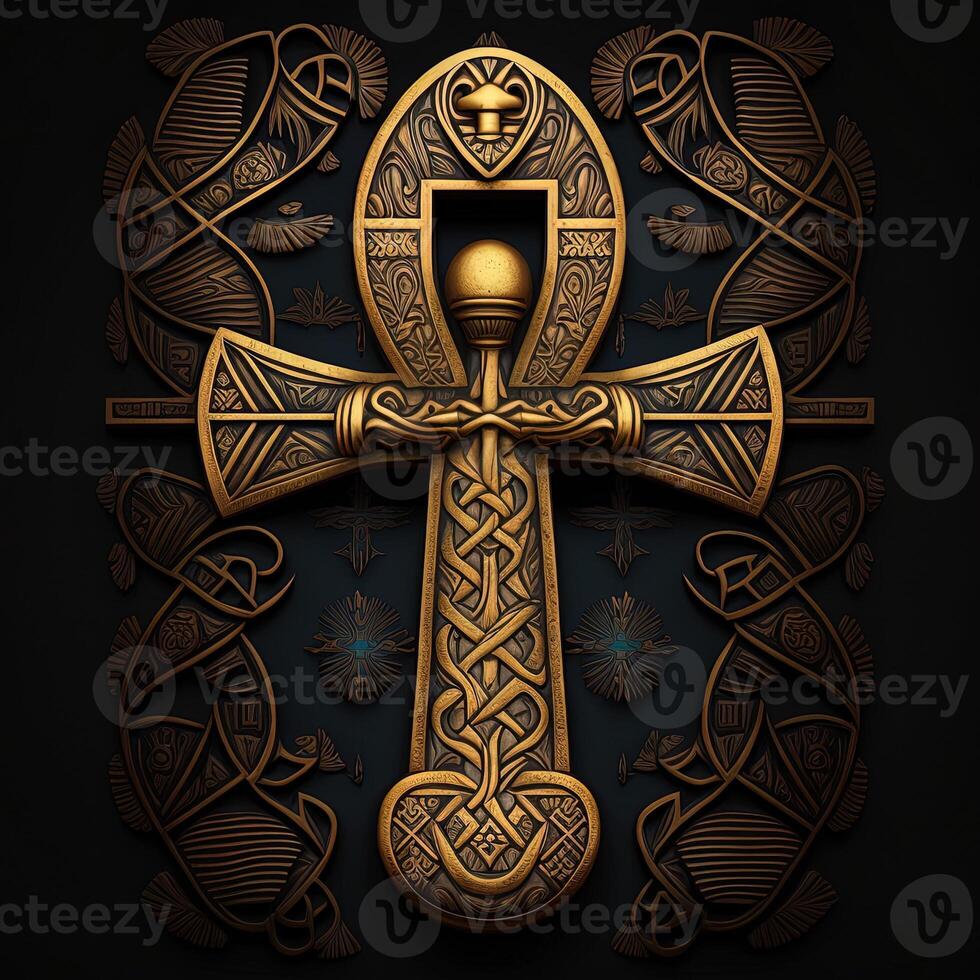 Ancient golden ankh symbol isolated on dark background. Illustration of an Egyptian cross in digital form. The ancient Egyptians used the Ankh as a symbol for eternal life. photo