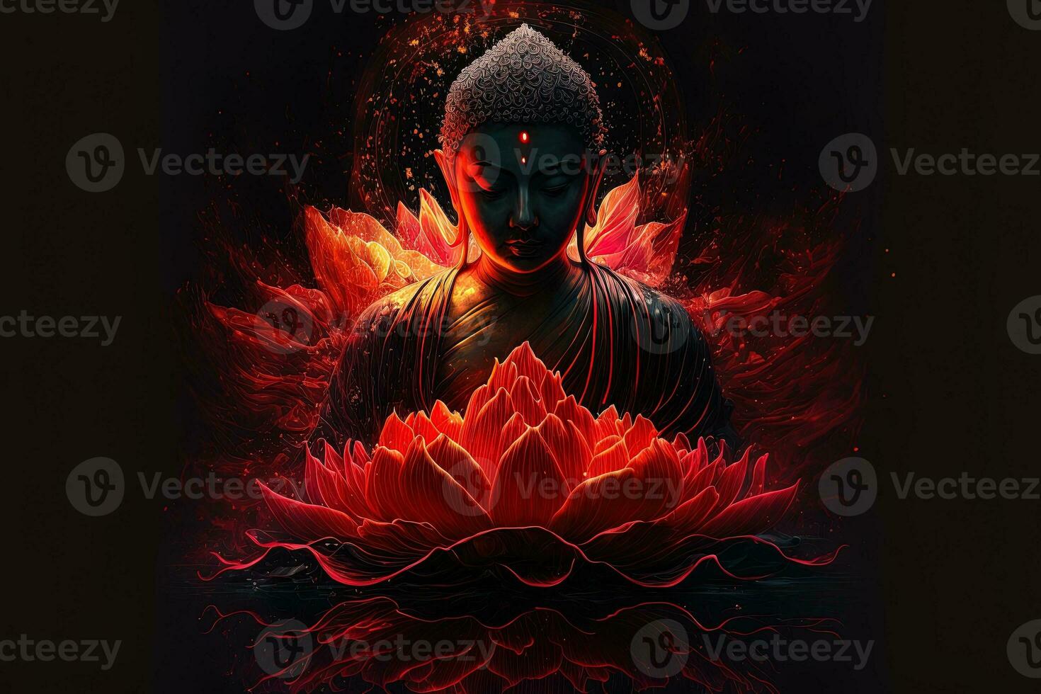 Beautiful light spectrum Buddha's light flashing, Bright red, yellow lotus flower, burning cloud-like petals, surrounded by magic chaos light, white smoke, falling reflected light, water pattern. photo