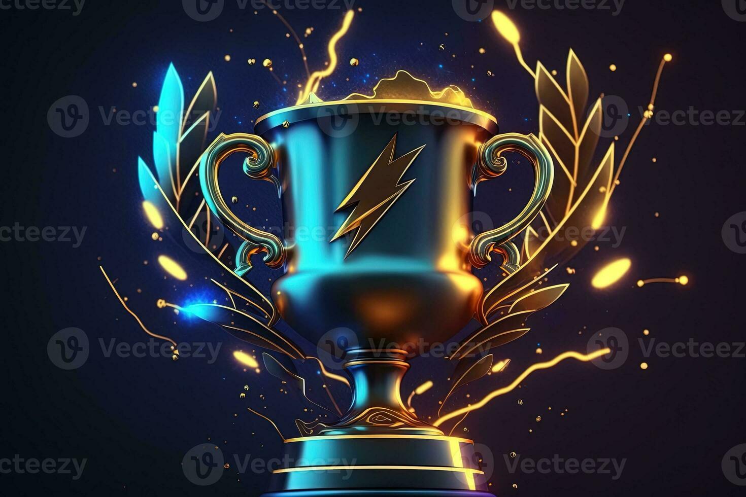 Champion golden trophy with gold stars on blue dark background. Generation AI. Concept of success and achievement. Gold glitters explosion. photo