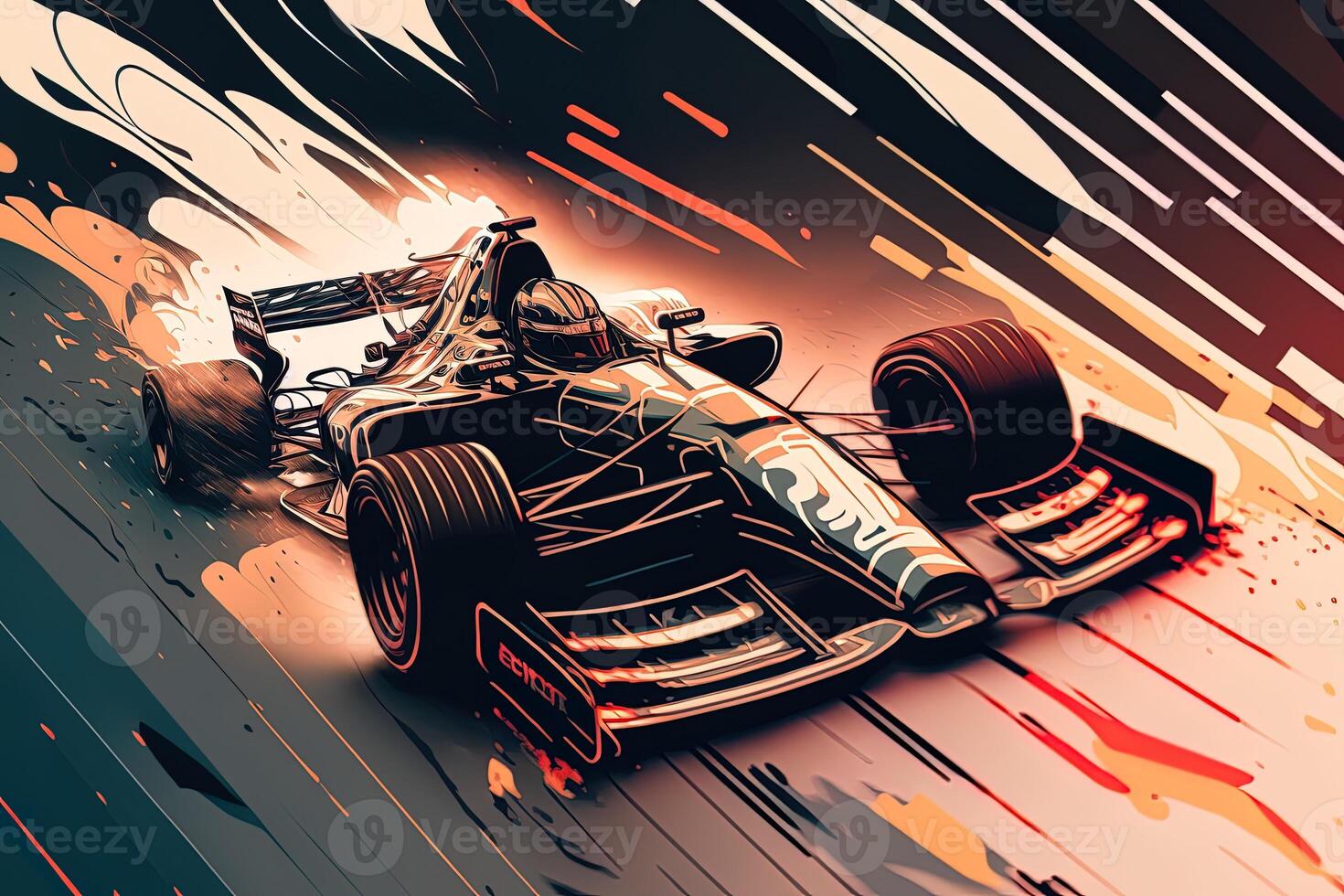 Futuristic racing formula at fast ride to finish. Post product digital illustration. Racing car in motion, Powerful acceleration of a car on a night track with colorful lights and trails photo