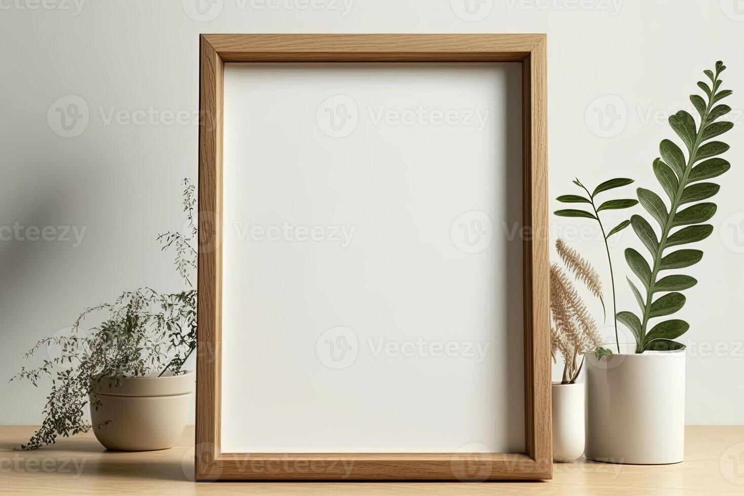 Blank picture frame mockup on wall in modern interior. Artwork template mock up in interior design. Wooden Picture Frame Mockup on White Wall Minimalist - photo