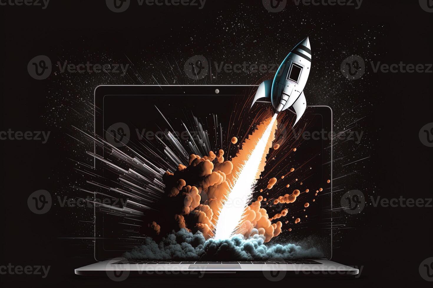 Rocket coming out of laptop screen, black background. AI digital illustration concept of ideas and start up. photo