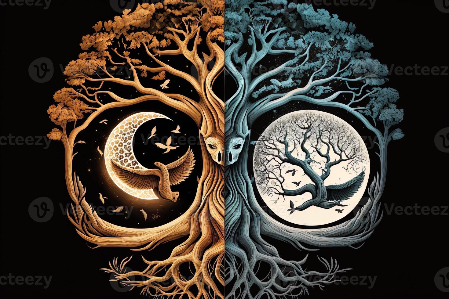 Ying yang concept of balance Yggdrasil tree of life norse mythology. Balance concept. photo