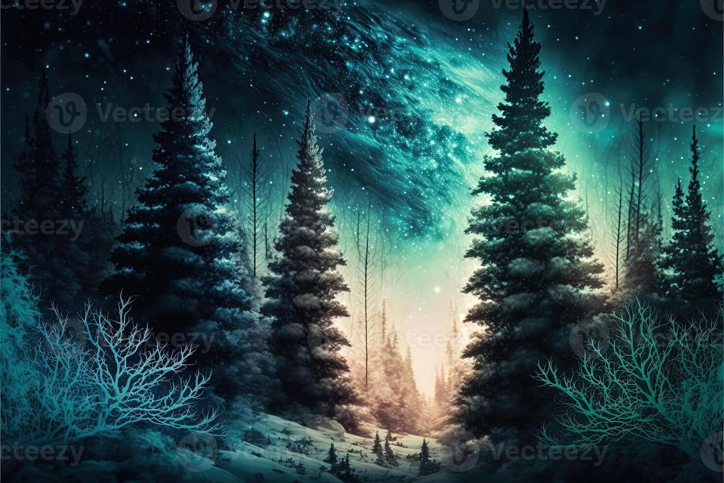 Navidad decorado verde abeto arboles en invierno bosque, resumen fantasía festivo Navidad árbol antecedentes encabezamiento fondo de pantalla, invierno resumen paisaje. luz de sol en el invierno bosque. generativo ai foto