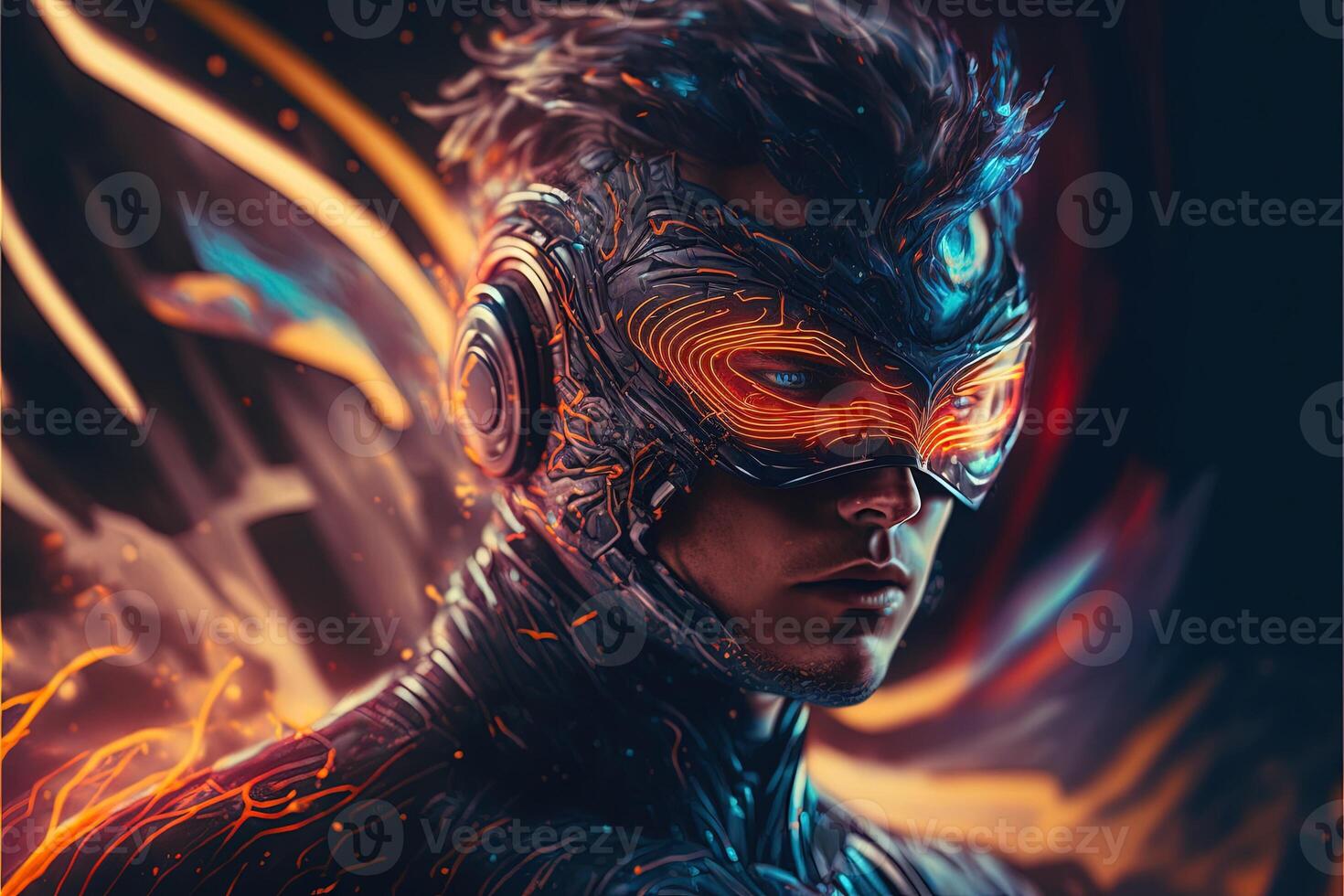 illustration of an enthusiastic young man wearing virtual reality goggles is inside the metaverse. Metaverse concept and virtual world elements. Games and entertainment of the digital photo