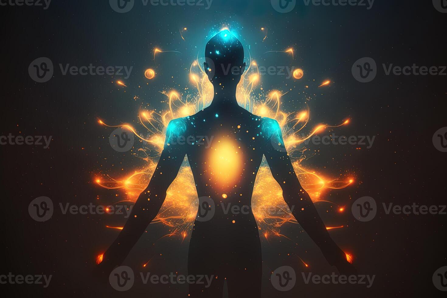 Astral body silhouette with abstract space background. Esoteric, spiritual life and meditation concept. Afterlife and connection with other worlds. Created with photo