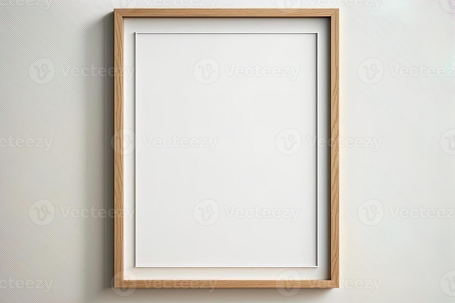 Blank picture frame mockup on wall in modern interior. Artwork template mock up in interior design. Wooden Picture Frame Mockup on White Wall Minimalist - photo