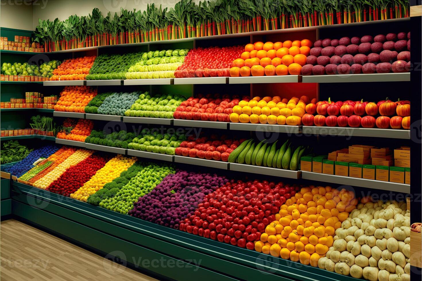 Vegetable farmer market counter colorful various fresh organic healthy vegetables at grocery store. Healthy natural food concept. photo