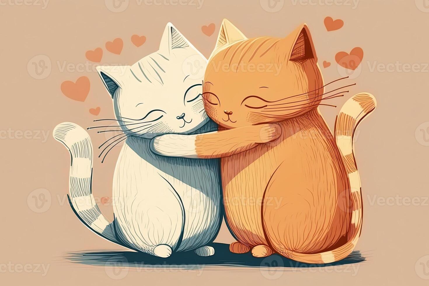 Cat love. Cat couple hugging, cuddling and kissing. Two cute cat kittens in love holding red heart on Valentines Day. photo