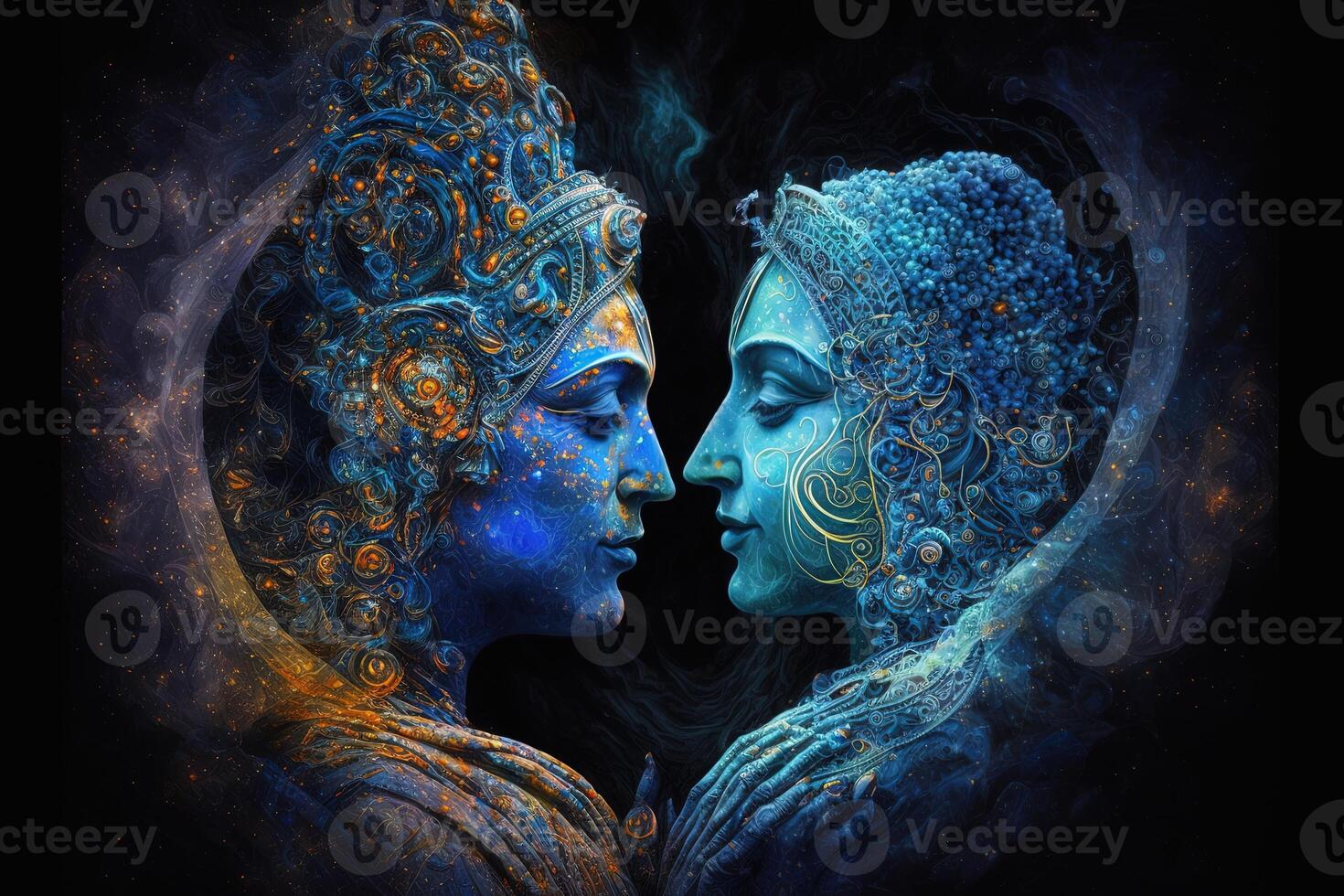 radha Krishna en amor medio Disparo fotografía retrato de cósmico galáctico generativo ai. símbolo de divino amor. Arte impresión para hogar decoración hindú Pareja en resumen decorativo antecedentes foto