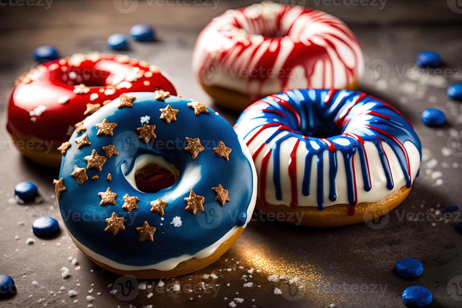 Red, White, and Blue Doughnuts with Glaze. . Fresh sweet donuts in motion with multicolored fruit glaze and sprinkles decorated. Fast sweet food concept, bakery ad design elements. photo