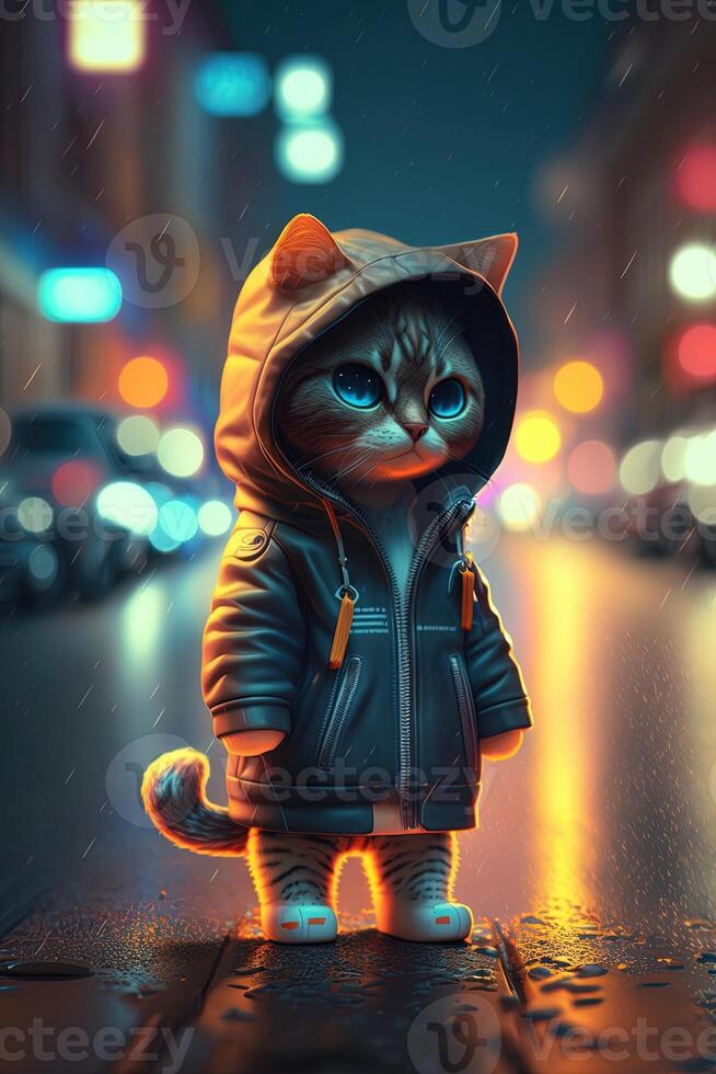 toy cute cat in clothes jacket and sneakers on street background with neon lighting, photo