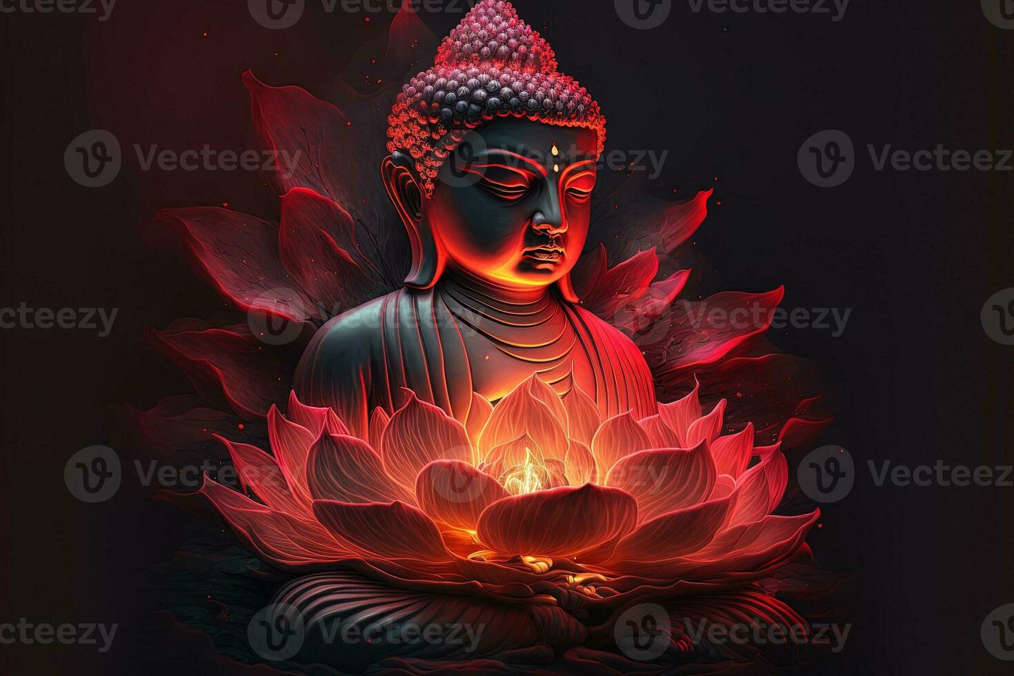 Beautiful light spectrum Buddha's light flashing, Bright red, yellow lotus flower, burning cloud-like petals, surrounded by magic chaos light, white smoke, falling reflected light, water pattern. photo