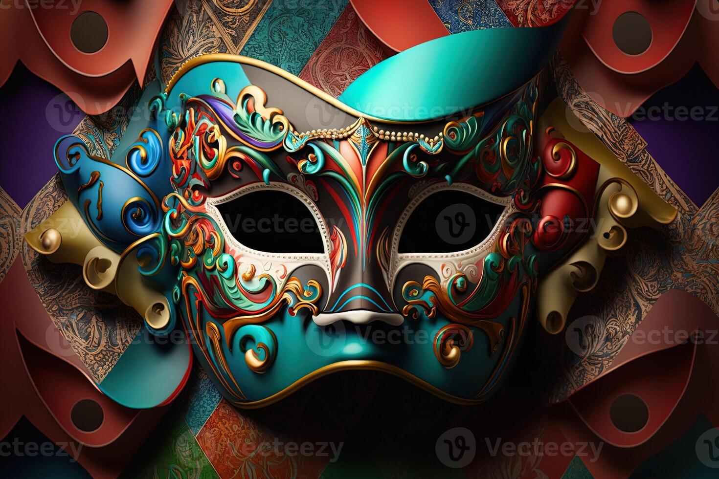 Illustration, multicolored carnival mask party inspired in ancient venetian dominos photo