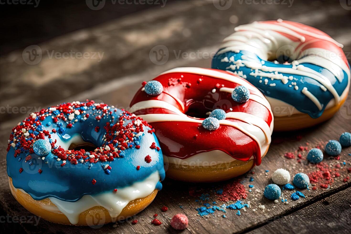 Red, White, and Blue Doughnuts with Glaze. . Fresh sweet donuts in motion with multicolored fruit glaze and sprinkles decorated. Fast sweet food concept, bakery ad design elements. photo