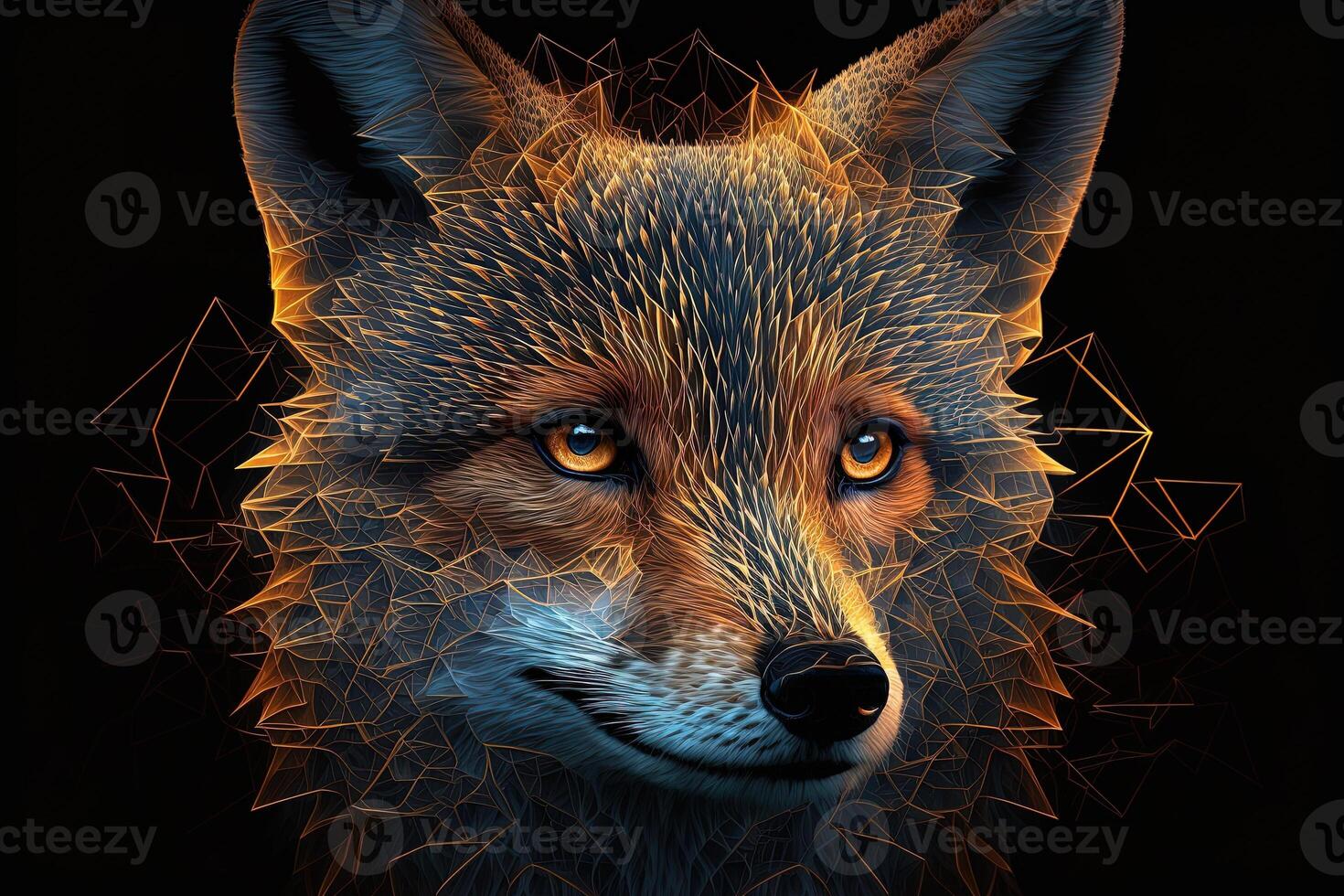 Fantasy Raster Image of Fox Face with Golden Spot, Animal face in the depths of galaxies and stars fox photo