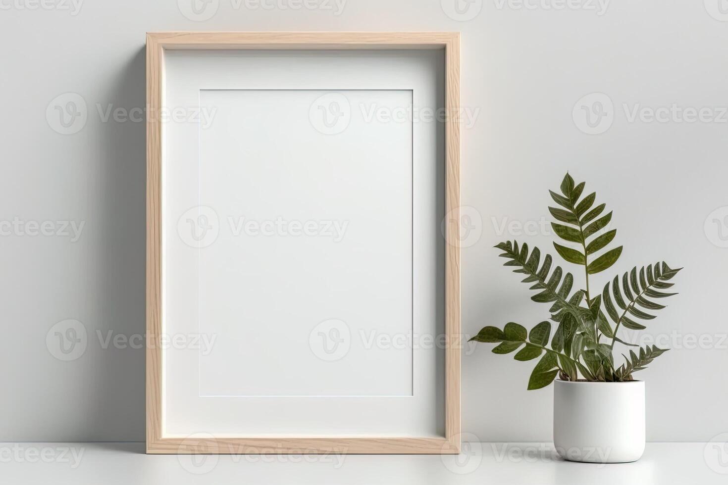 Blank picture frame mockup on wall in modern interior. Artwork template mock up in interior design. Wooden Picture Frame Mockup on White Wall Minimalist - photo