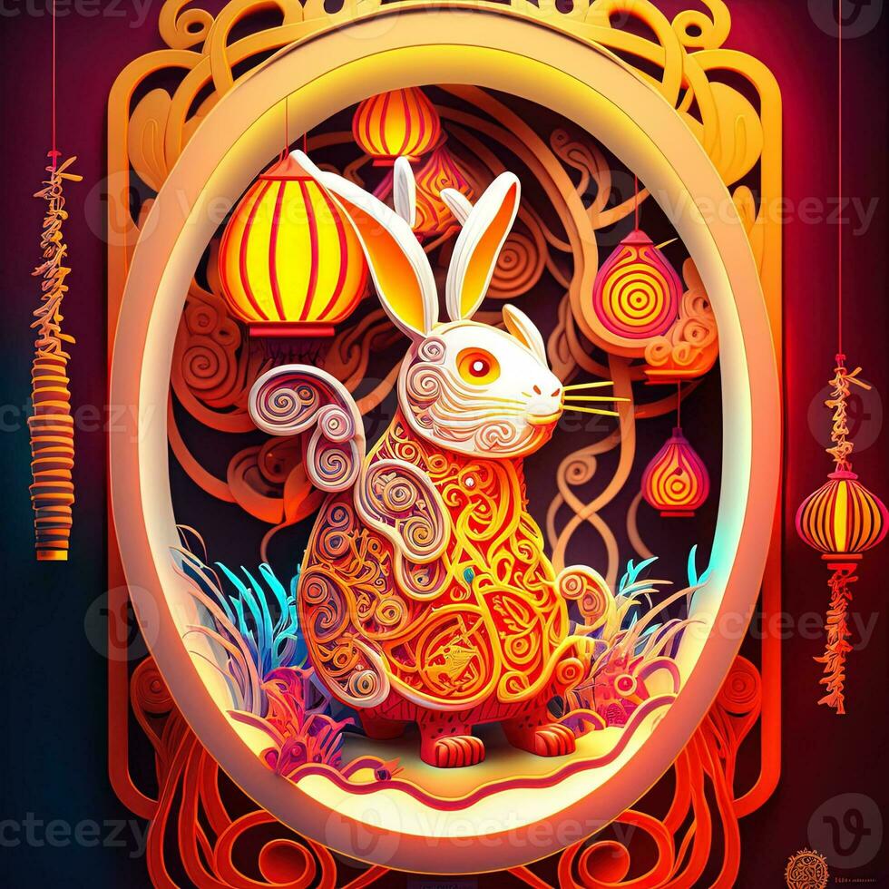Paper cut quilling multidimensional chinese style cute zodiac rabbit with lanterns, blossom peach flower in background, chinese new year. Lunar new year 2023 concept photo