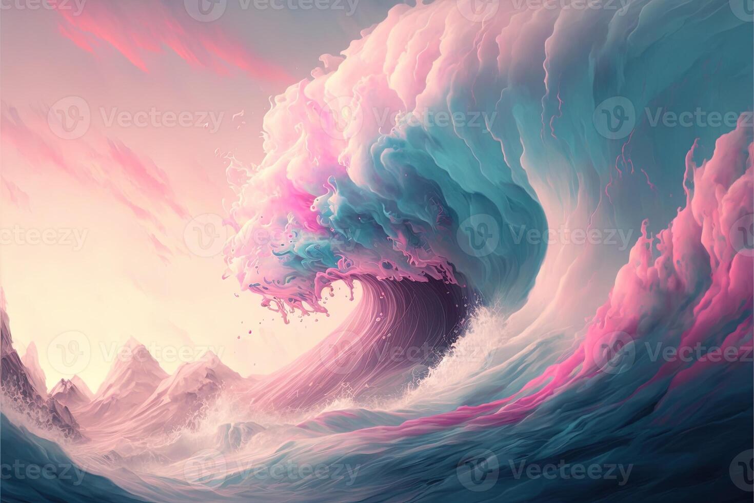 a wave of water and clouds in pastel colors and a pink and blue hues, with a light pink and blue hued background of a white and pink photo