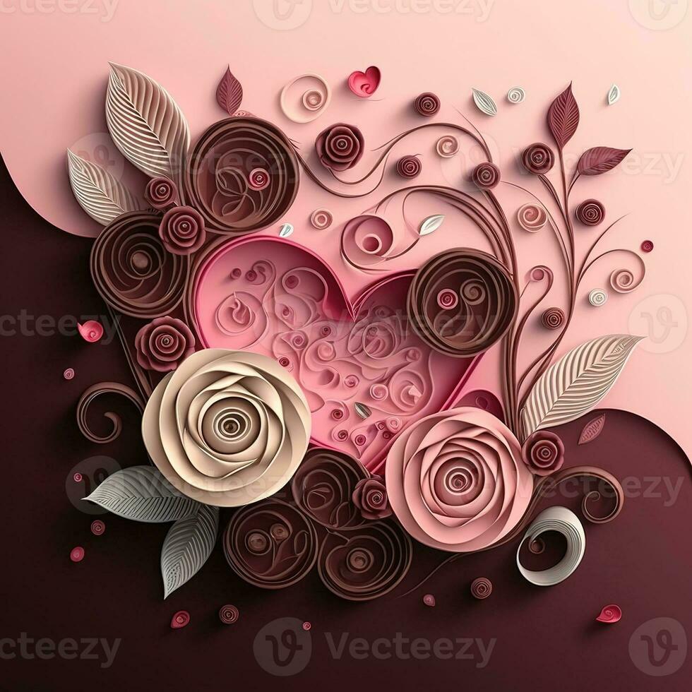 Paper cut quilling multidimensional valentine day with heart, flower and chocolate on pink background. Valentine day concept photo